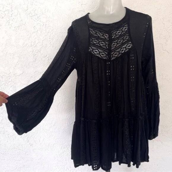 Free People Kiss Kiss Lace Inset Long Sleeve A-line Tunic Dress in Black XSmall - Picture 4 of 11